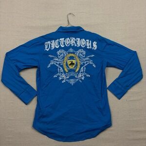 Victorious Mens Long Sleeve Button Up Shirt Embroidered Blue Horseshoe Size M